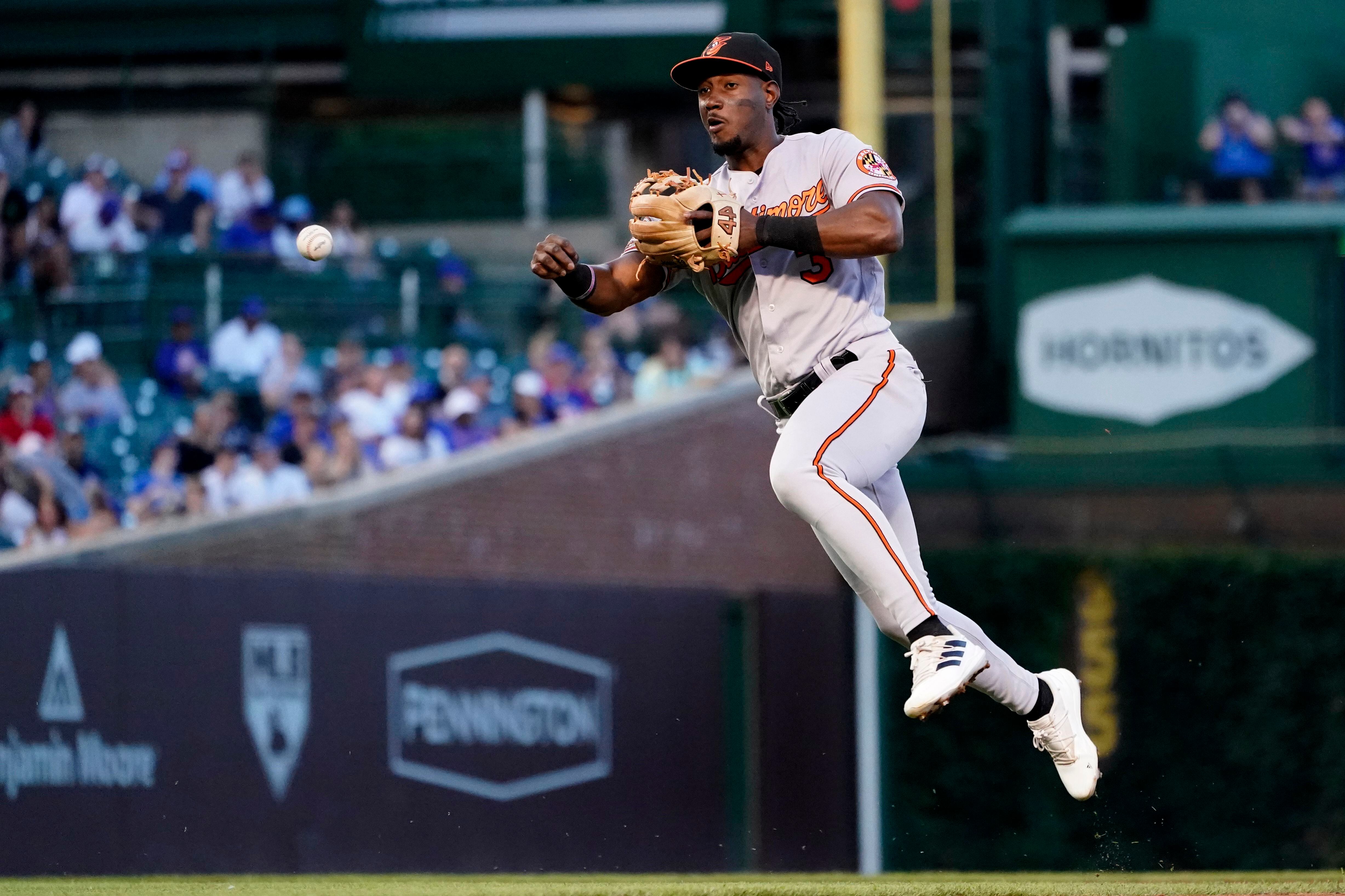 Orioles pitchers Grayson Rodriguez (85), Spenser Watkins (52) and