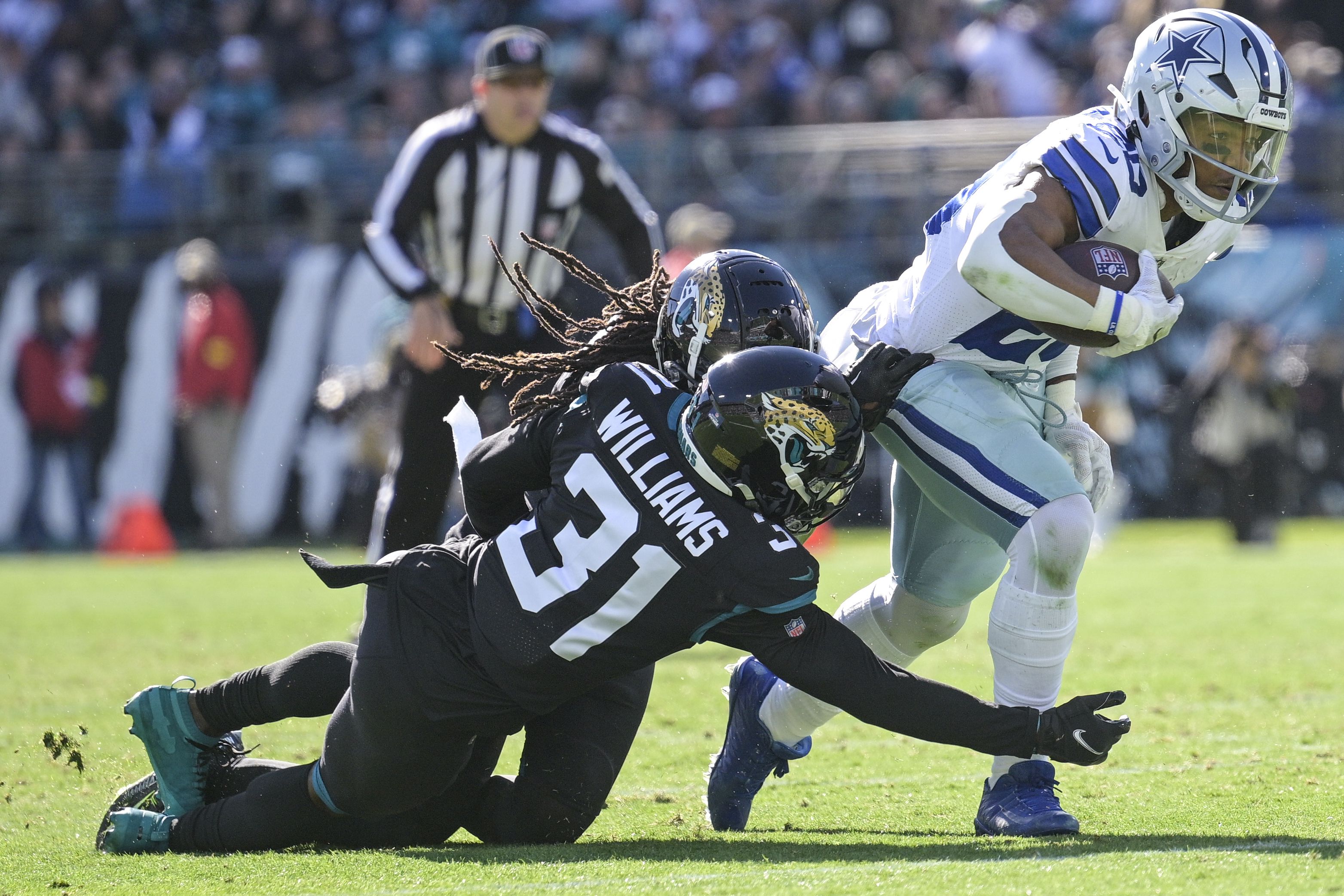 Dallas Cowboys offensive tackle Josh Ball (75) is seen during the first  half of an NFL football game against the Jacksonville Jaguars, Saturday,  Aug. 12, 2023, in Arlington, Texas. Jacksonville won 28-23. (