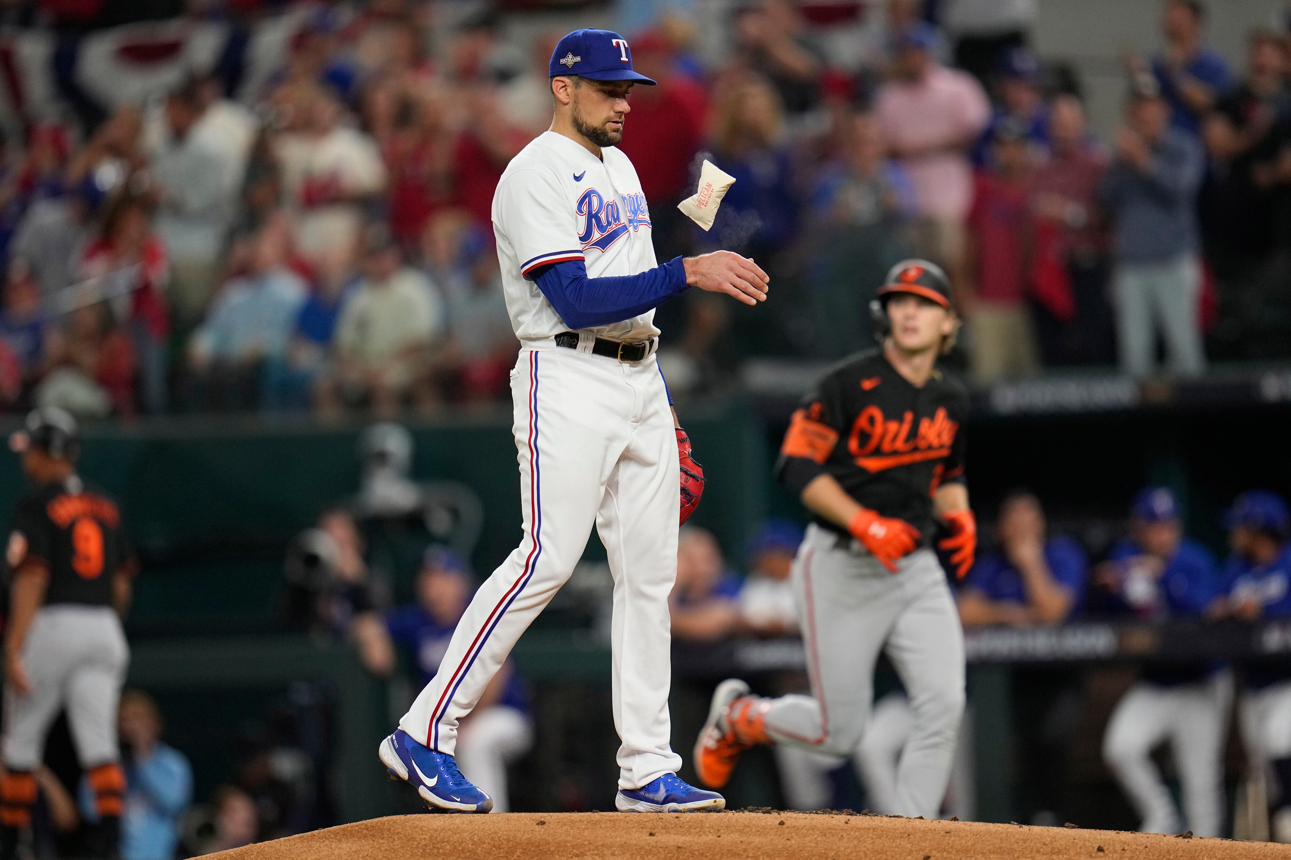 Nathan Eovaldi fans seven over seven innings in the Rangers'  series-clinching victory over the Orioles