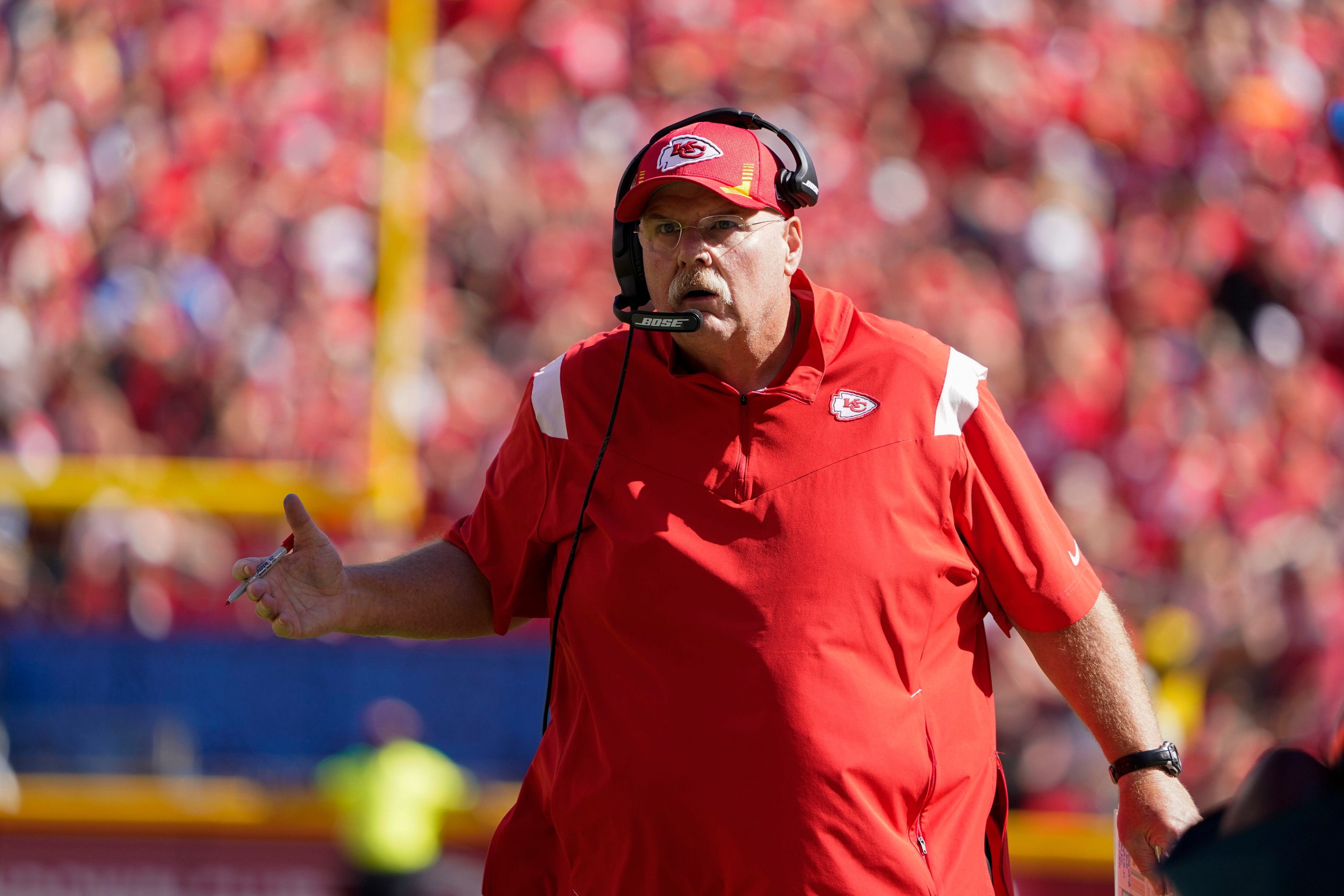 Kansas City Chiefs head coach Andy Reid looks at a replay during