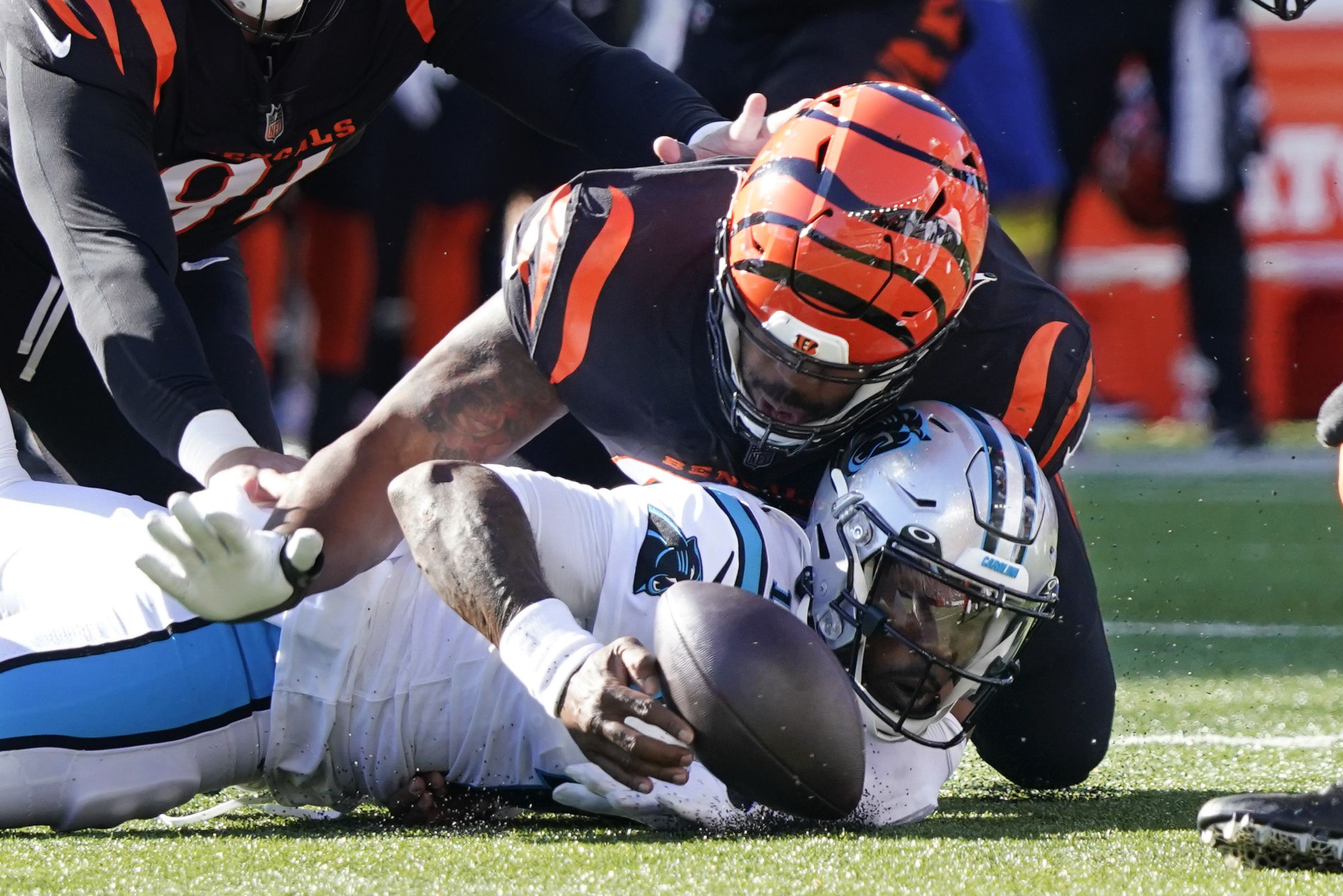 Carolina Panthers players push owner David Tepper for grass field