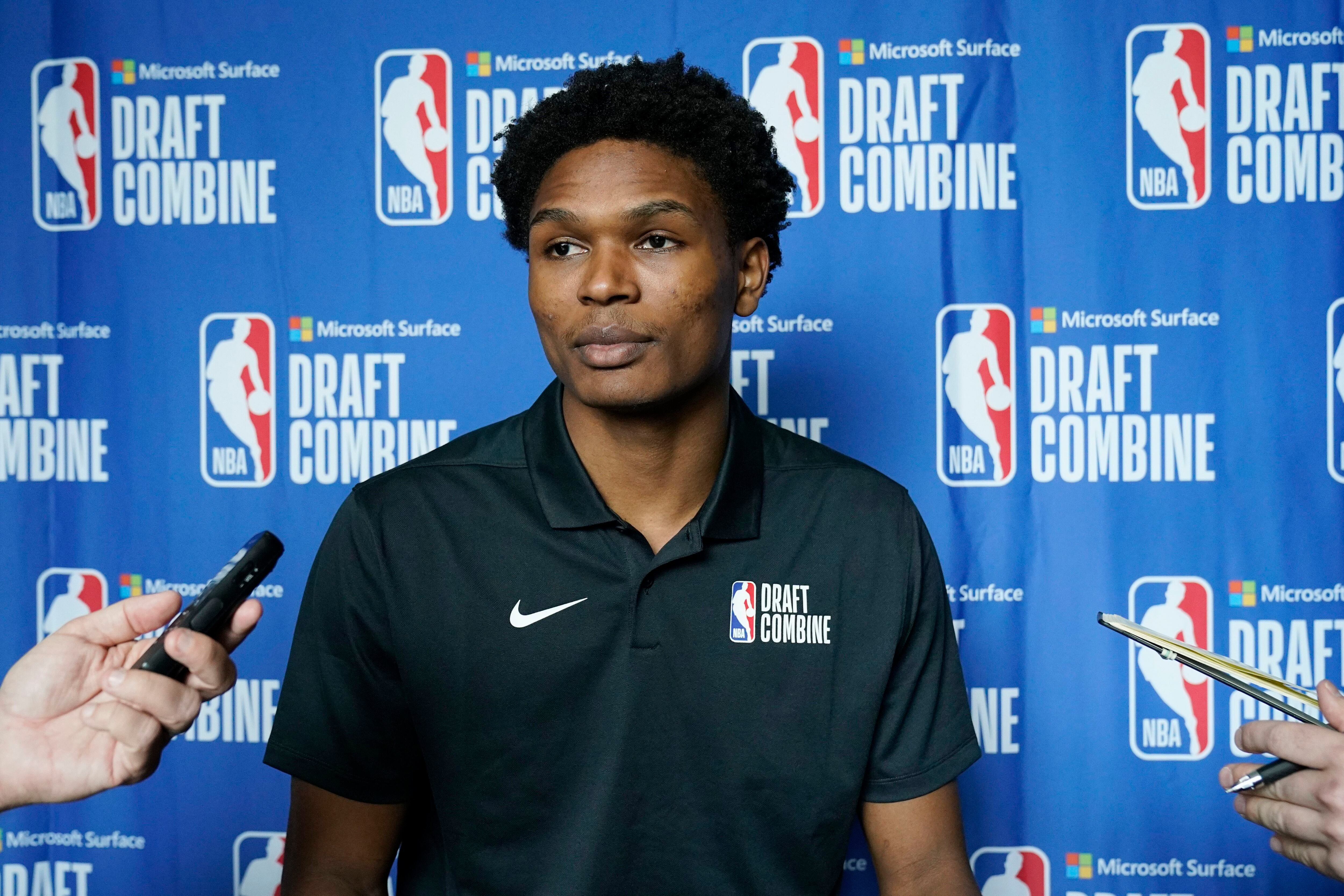 Jalen Hood-Schifino meets with the media at the NBA Draft Combine