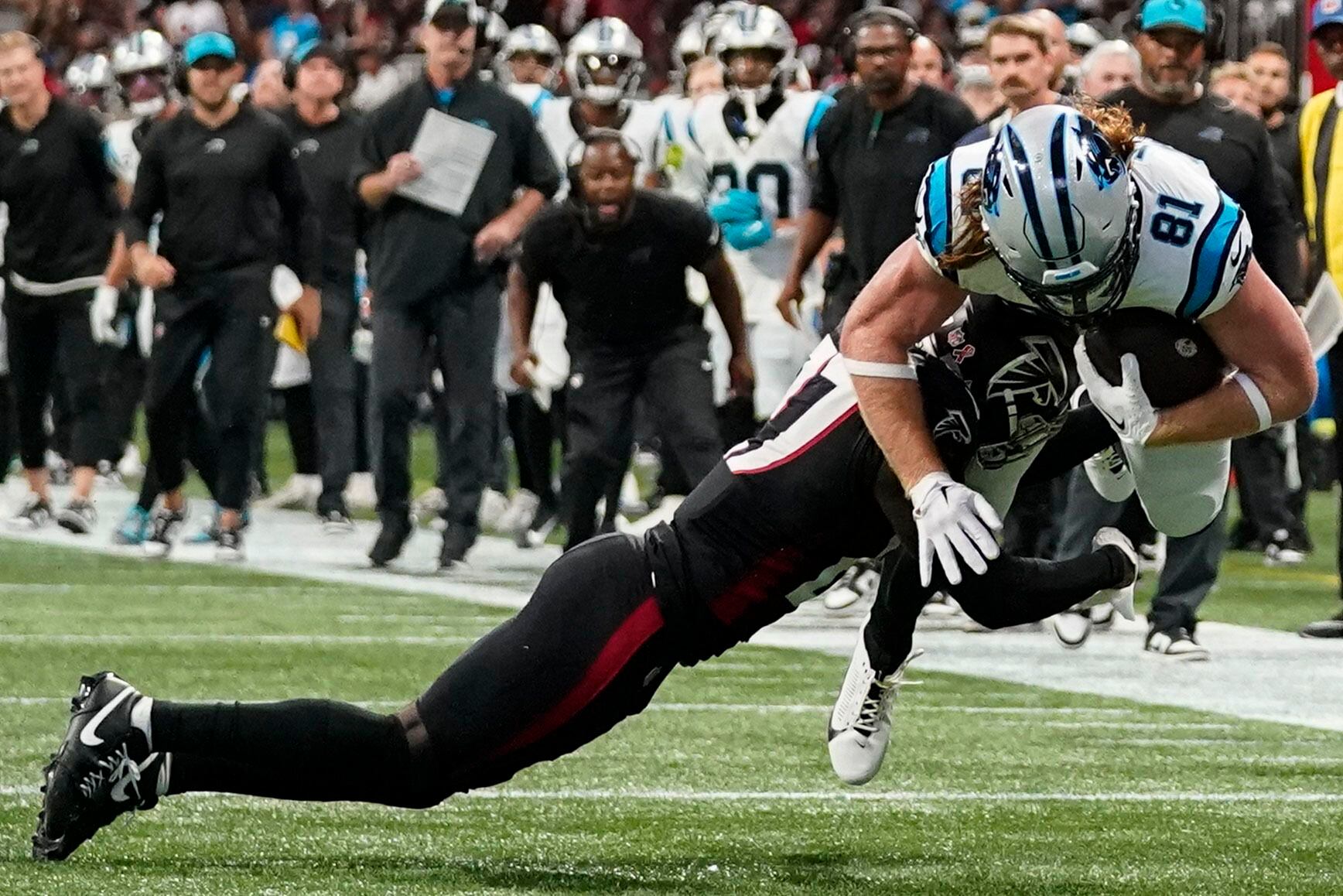 Carolina Panthers wide receiver Terrace Marshall Jr. (88) lines up during  the first half of an NFL football game against the Atlanta Falcons, Sunday,  Sep. 10, 2023, in Atlanta. The Atlanta Falcons