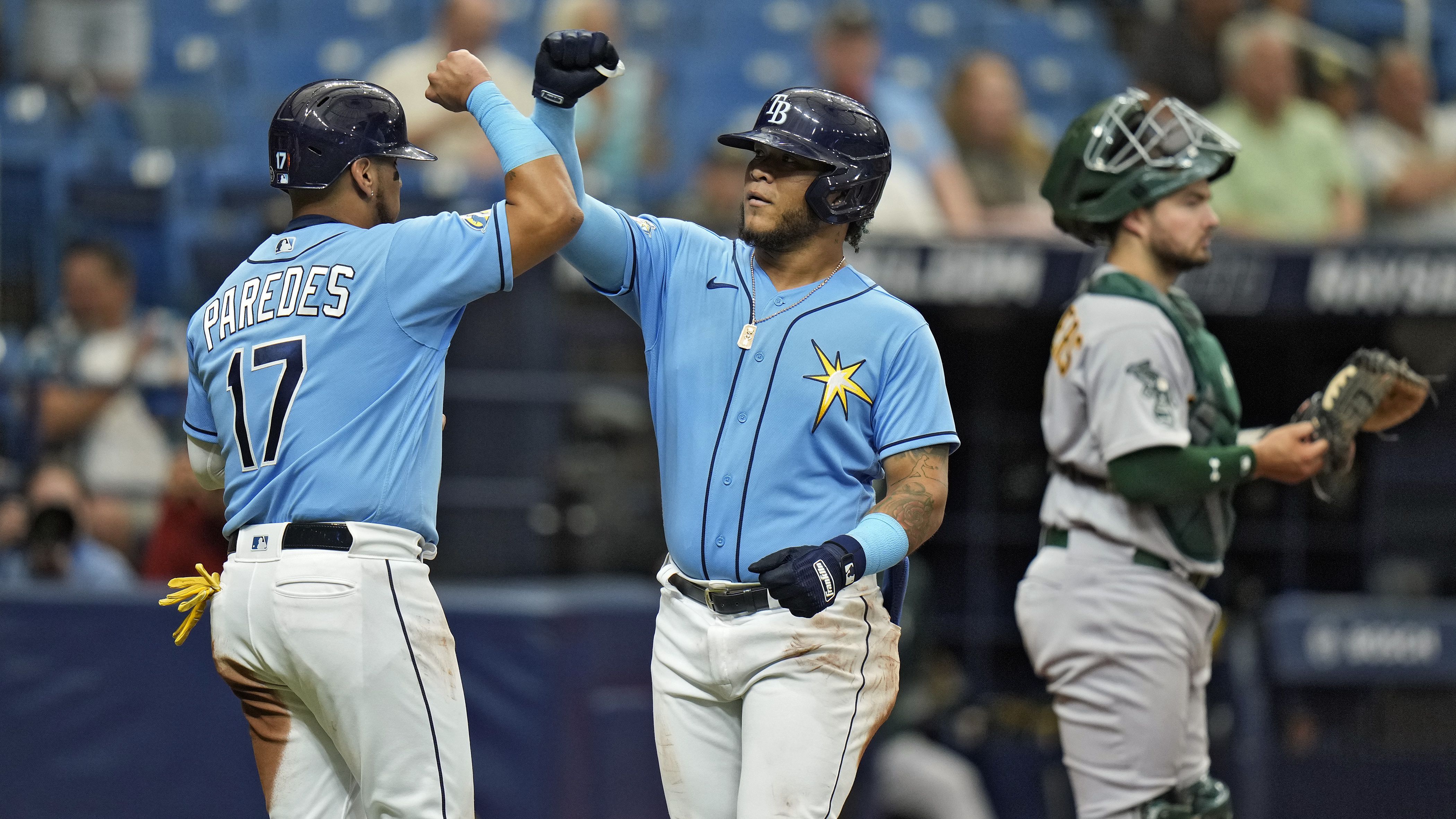 St. Petersburg, USA. 12th Apr, 2022. St. Petersburg, FL USA; Tampa Bay Rays  shortstop Wander Franco (5) runs to the dugout during an MLB game against  the Boston Red Sox on Wednesday