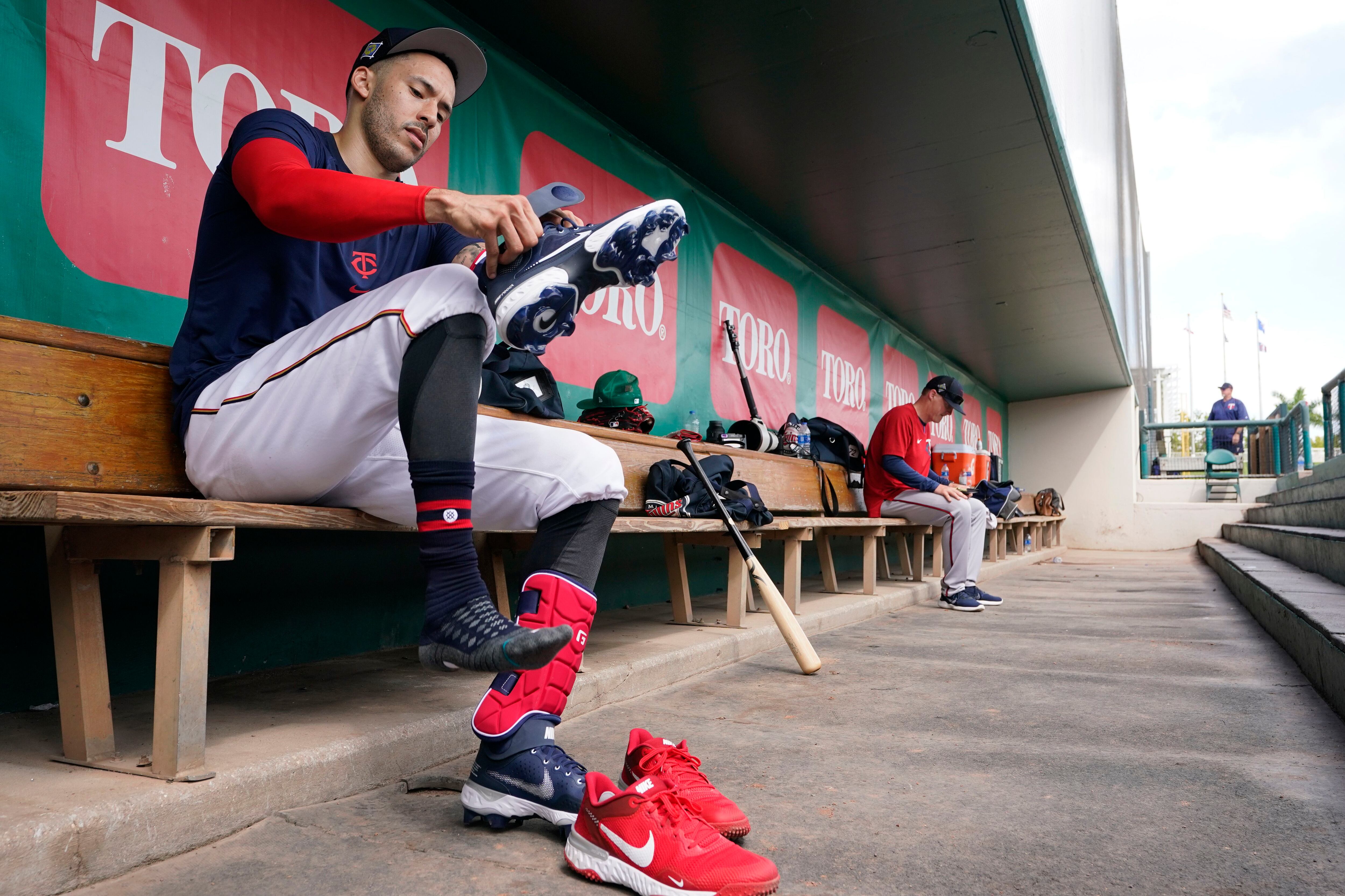 A closeup view of the Nike cleats worn by Trevor Story of the