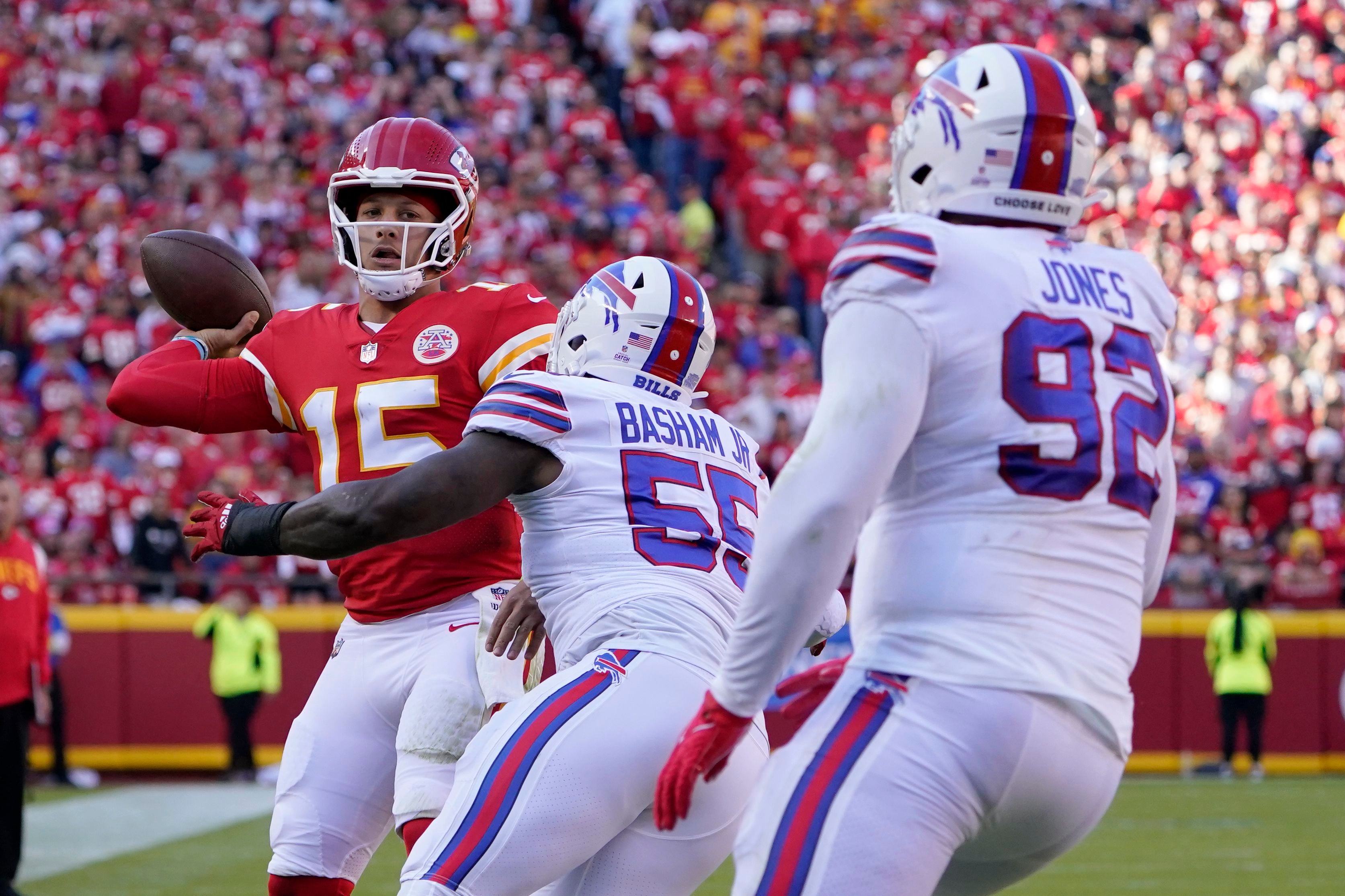 Buffalo Bills defensive tackle DaQuan Jones on the sidelines during the  second half of an NFL football game against the Kansas City Chiefs, Sunday,  Oct. 16, 2022 in Kansas City, Mo. (AP