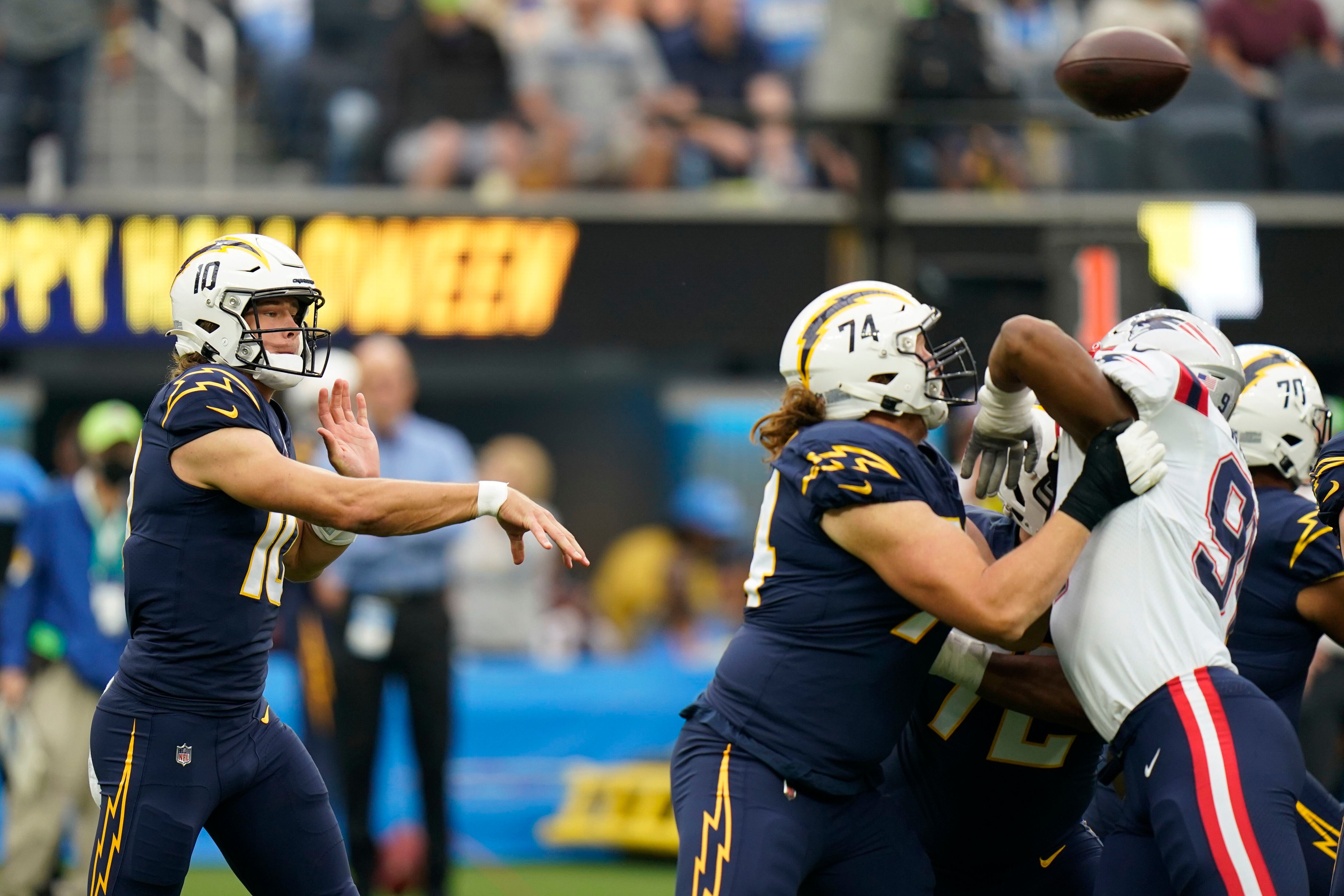 Quarterback (4) Dak Prescott of the Dallas Cowboys calls a play against the  Los Angeles Chargers in an NFL football game, Sunday, Sept. 19, 2021, in  Inglewood, Calif. The Cowboys defeated the