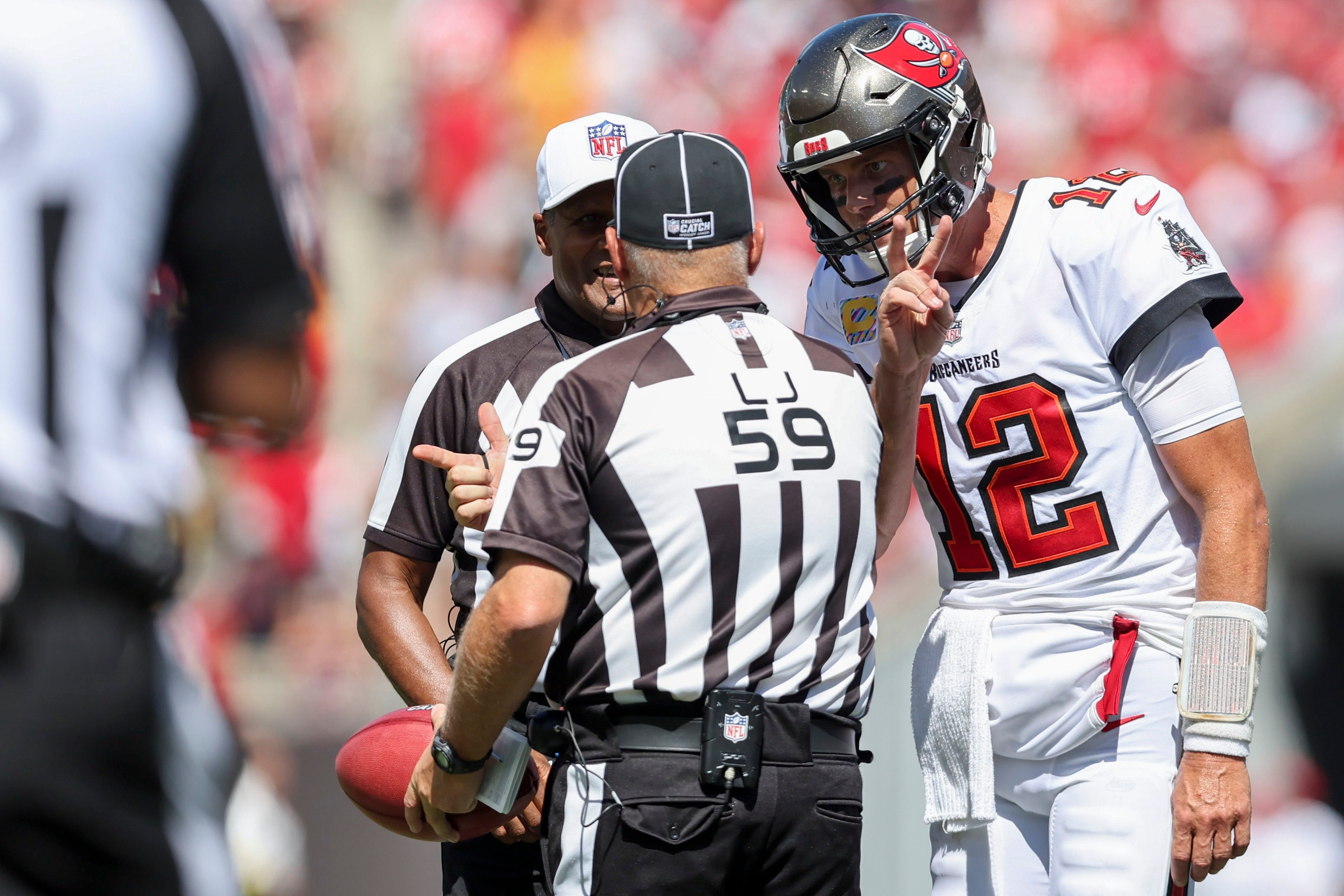 Referee Carl Cheffers makes a call during the second quarter of an NFL  football game between the Kansas City Chiefs and the Buffalo Bills, Sunday,  Oct. 10, 2021 in Kansas City, Mo. (