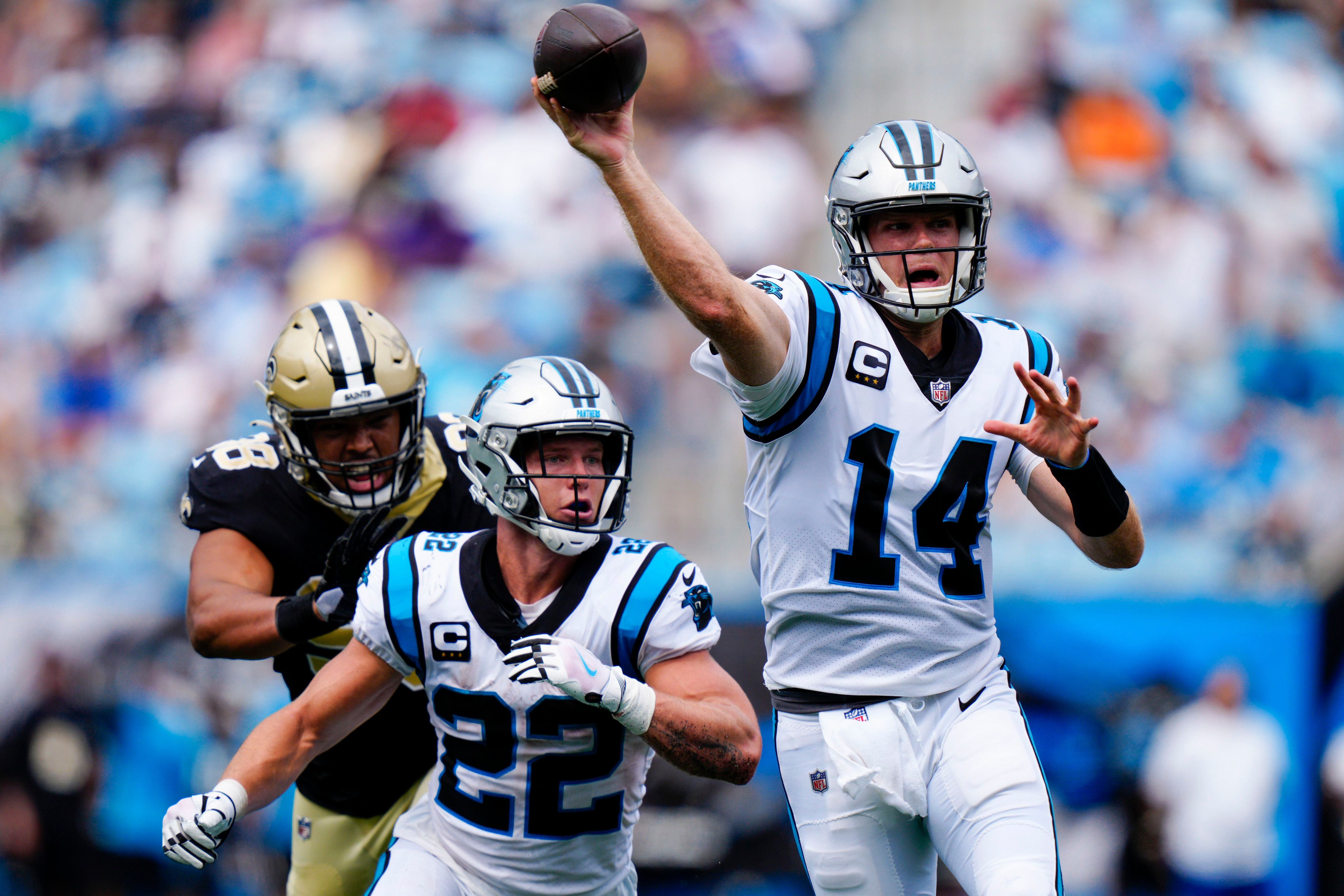 Sam Darnold Carolina Panthers Game-Used #14 White Jersey vs. New Orleans  Saints on January 2 2022