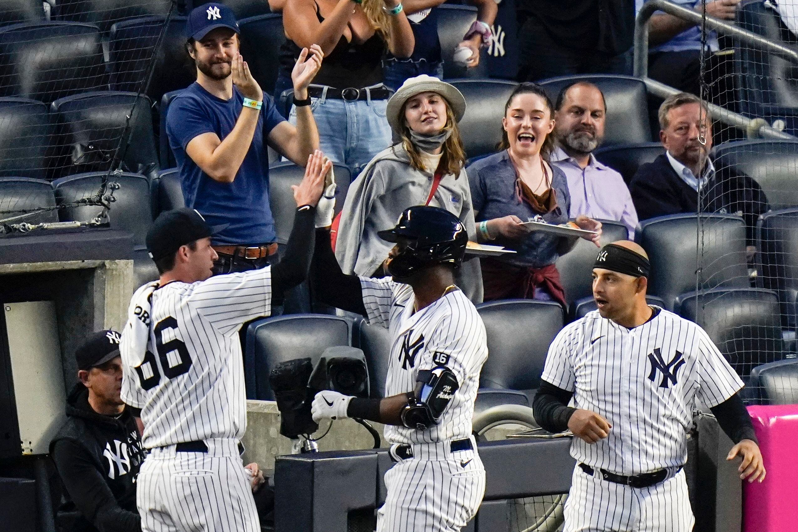 New York Yankees designated hitter Giancarlo Stanton (27) prepares to swing  at a pitch during the eighth inning of a MLB baseball game against Tampa  Bay Rays, Tuesday June 14, 2022, in