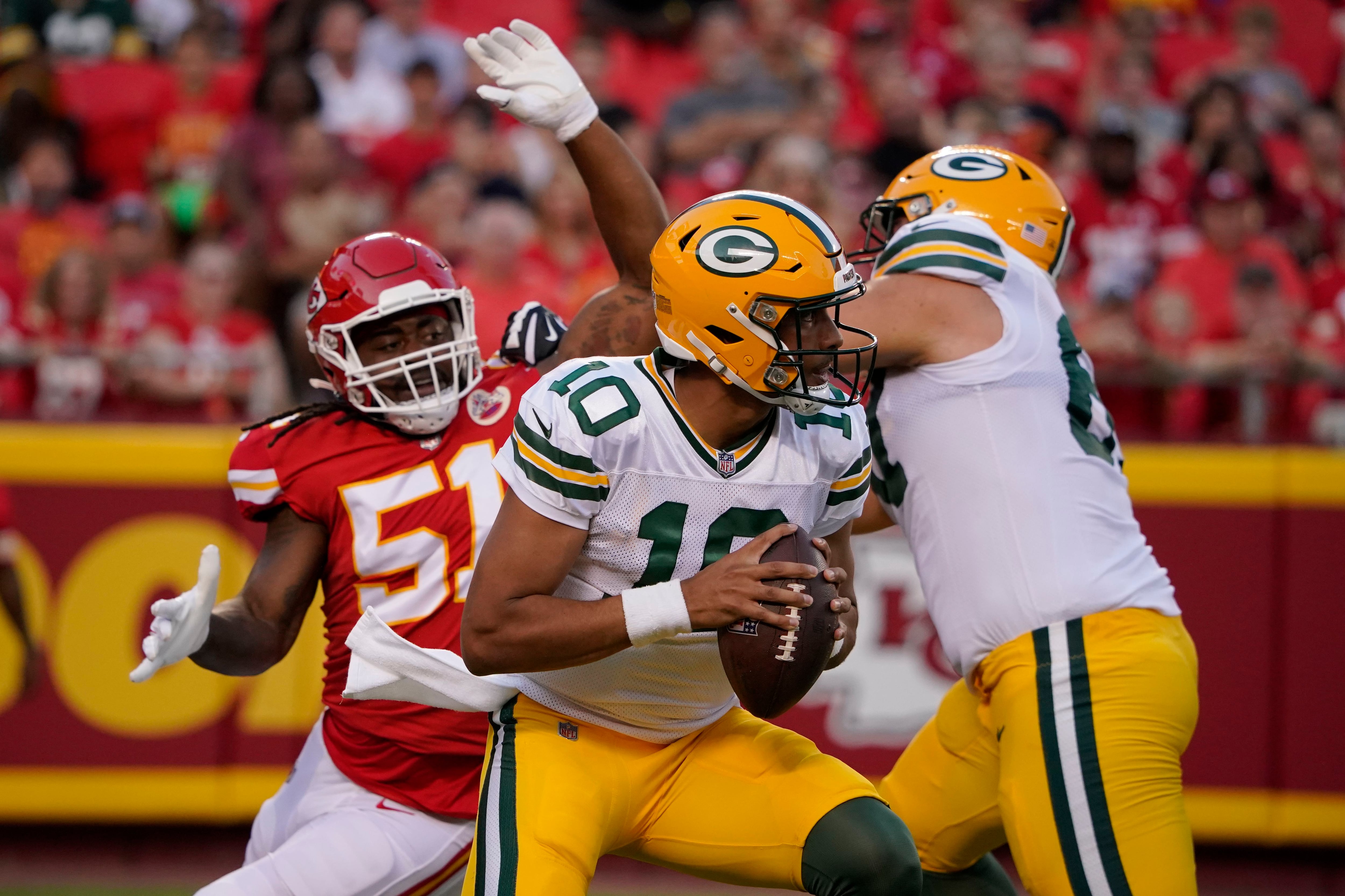 Kansas City Chiefs running back Isiah Pacheco (10) runs with the ball  during an NFL pre-season football game against the Green Bay Packers  Thursday, Aug. 25, 2022, in Kansas City, Mo. (AP